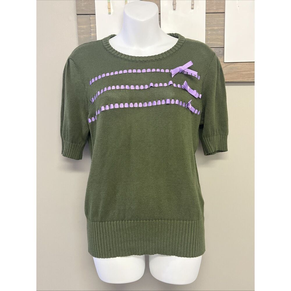 ModCloth Olive Green Knit Puff Short Sleeve Sweater Light Purple Ribbon- Medium